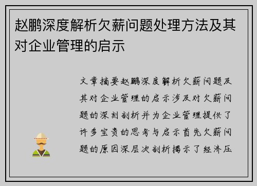 赵鹏深度解析欠薪问题处理方法及其对企业管理的启示